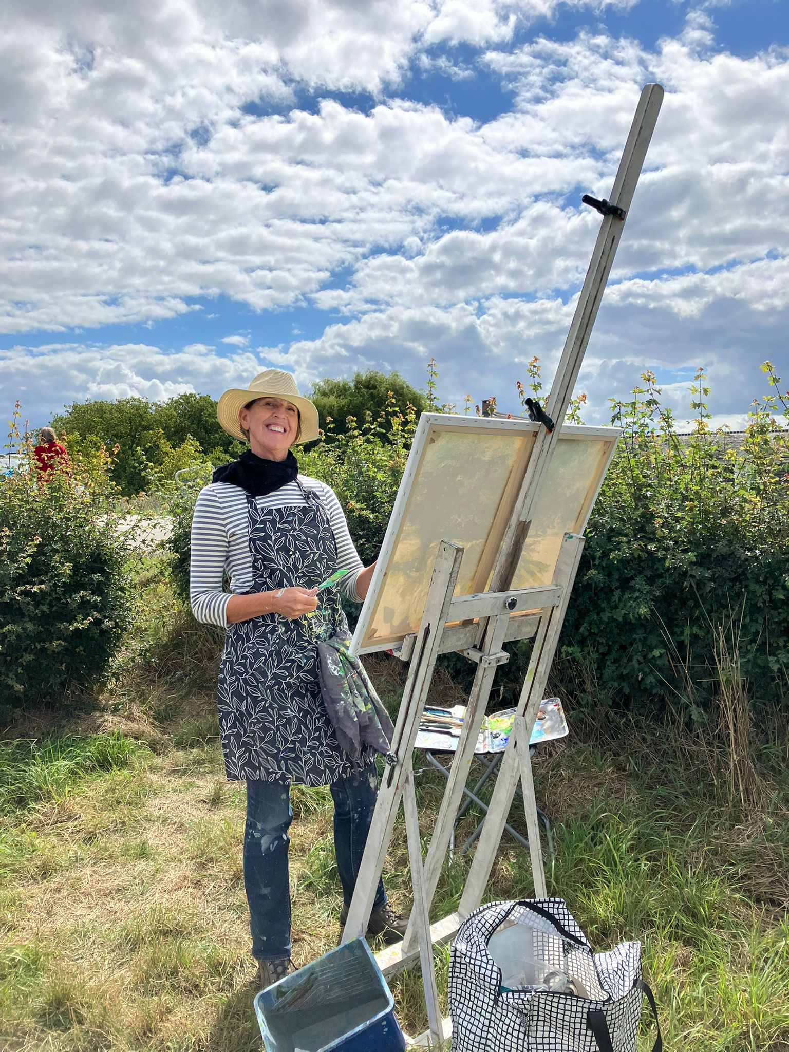 Bernadette Bijl schildert op locatie in het Drentse landschap